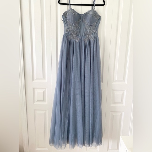 Windsor Blue Mesh Corset Prom Dress - Picture 4 of 12